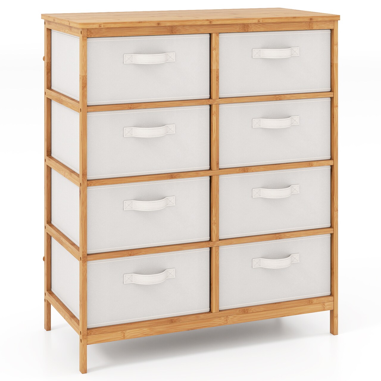 Bedroom 8-Drawer Storage Dresser with Foldable Fabric Bins and Wicker Frame